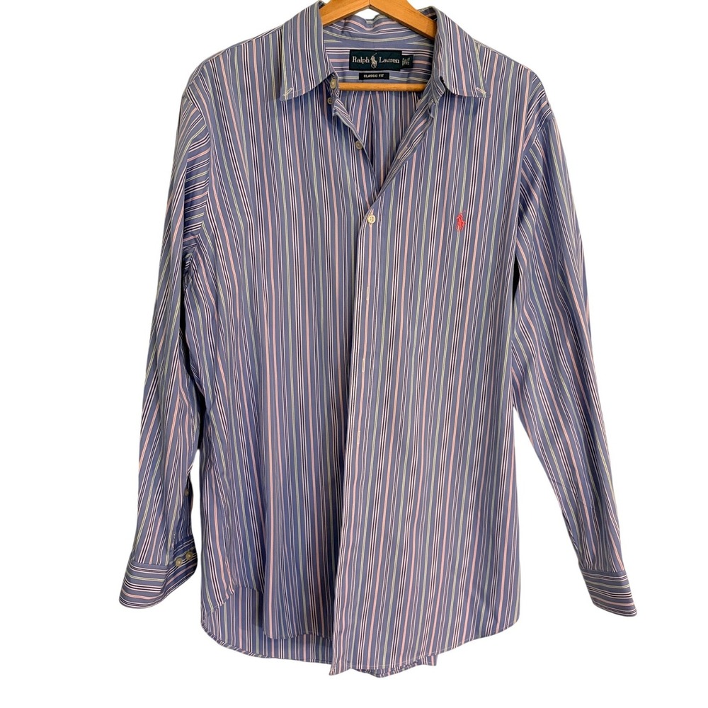 Ralph Lauren Button Down Shirt 16.5 32/33 L Blue Pink Striped Classic Fit Preppy